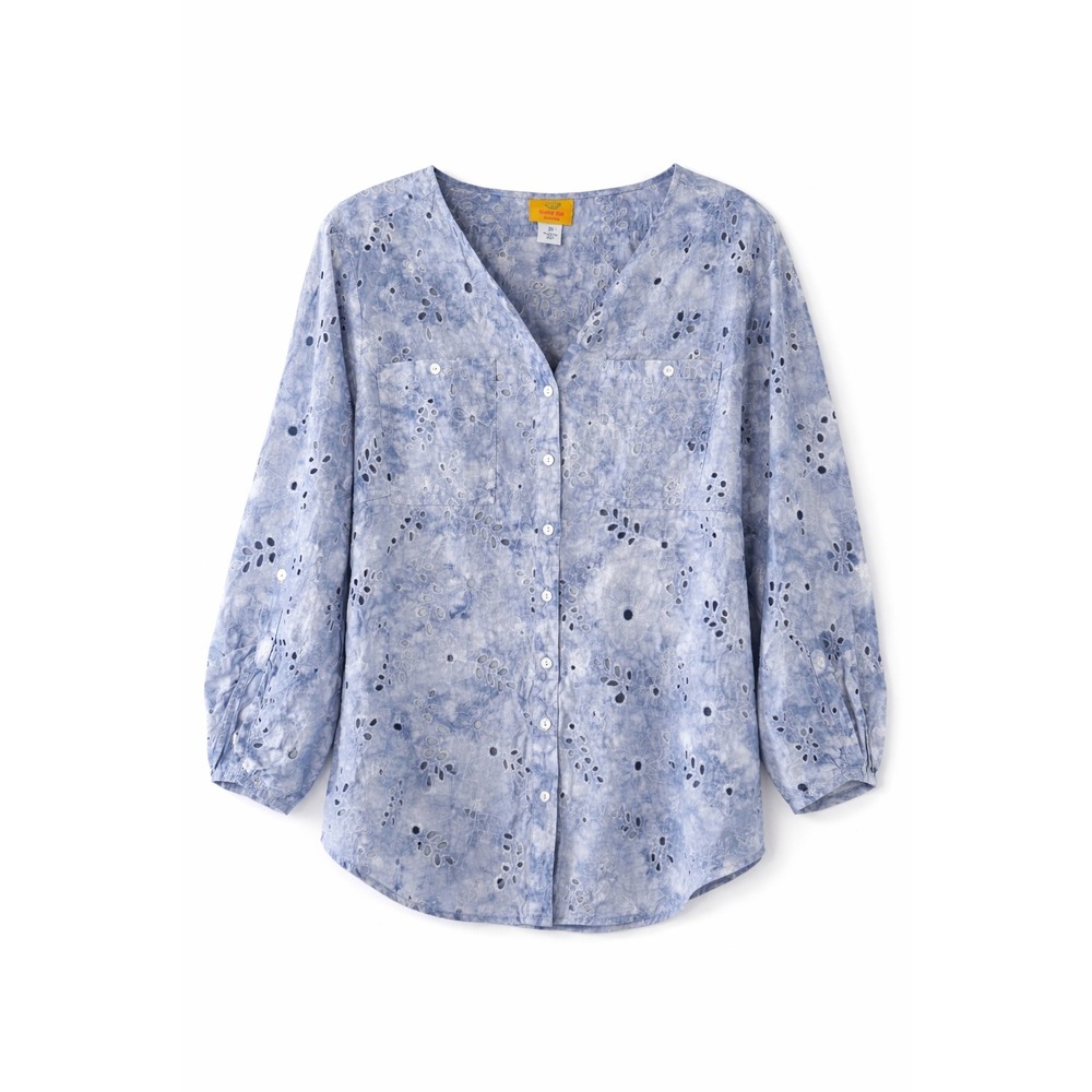 Ruby Rd Women's Blue Eyelet Tunic Embroidered Button Front Cotton Blouse Size 2X